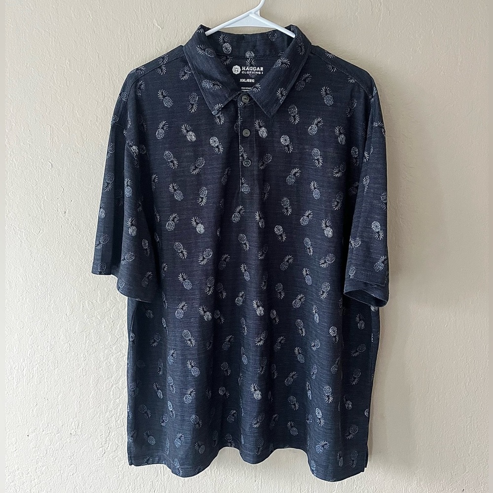 Haggar Mens Pineapple Polo Shirt Size XXL Blue Short Sleeve Collared